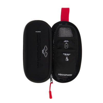 Swim goggle case open and empty, showing the mesh panel and inner pockets