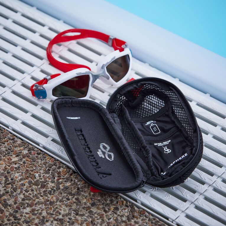 Aquasphere Swim Goggle Case closed, black moulded shell with an embossed logo