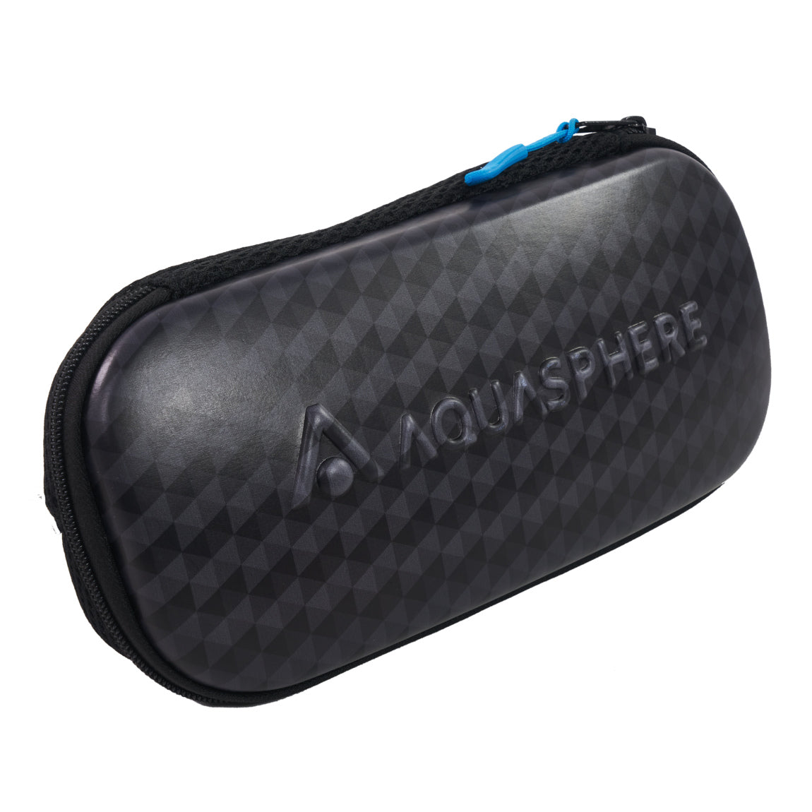 Aquasphere Swim Mask Case closed, black shell with a light blue pull tab