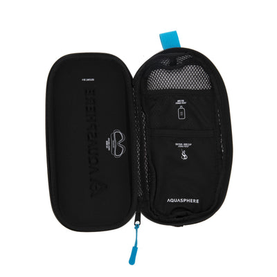 Swim mask case opened flat to show the mesh lining and two inner pockets