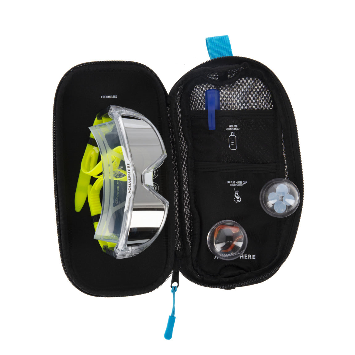 Aquasphere Swim Mask Case closed, black shell with a light blue pull tab