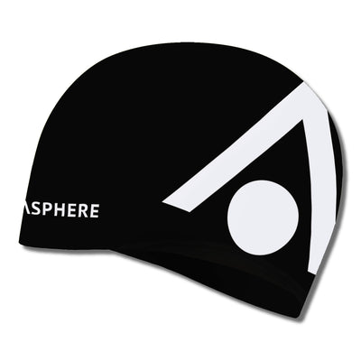 Side view of the black Aquasphere Tri silicone swim cap and white graphic