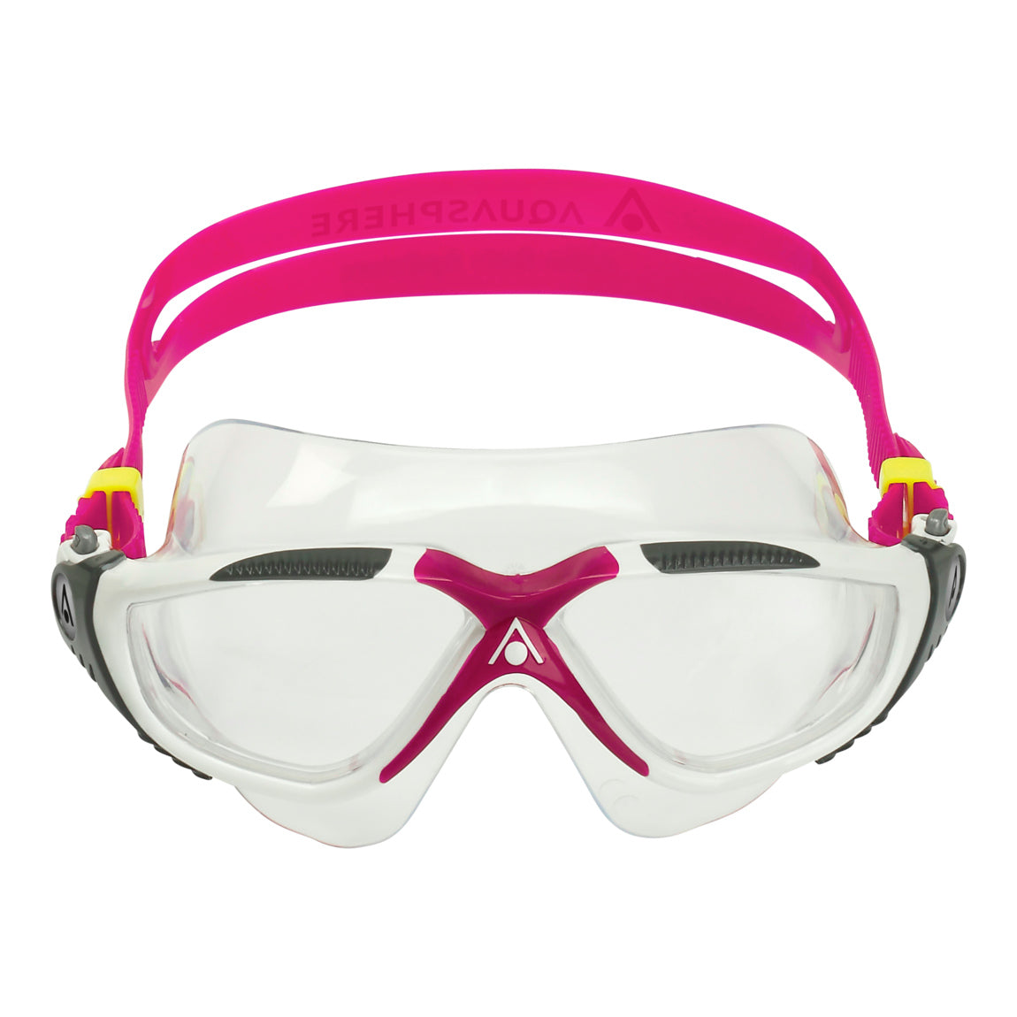 Aquasphere Vista swim mask with clear lens and raspberry frame, front view