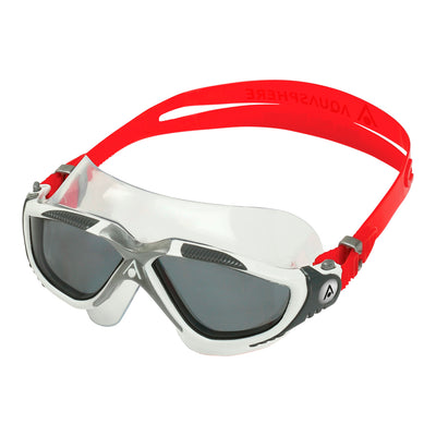 Aquasphere Vista swim mask with smoke lens and red frame, second angled view