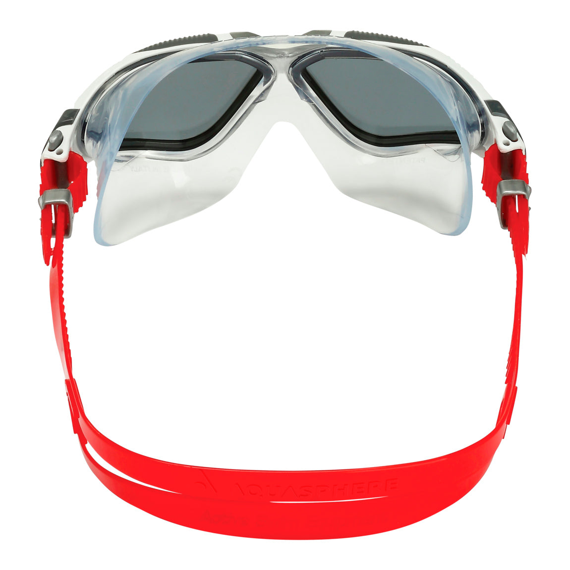 Aquasphere Vista swim mask with smoke lens and red frame, view from behind showing the strap