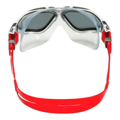 Aquasphere Vista swim mask with smoke lens and red frame, view from behind showing the strap