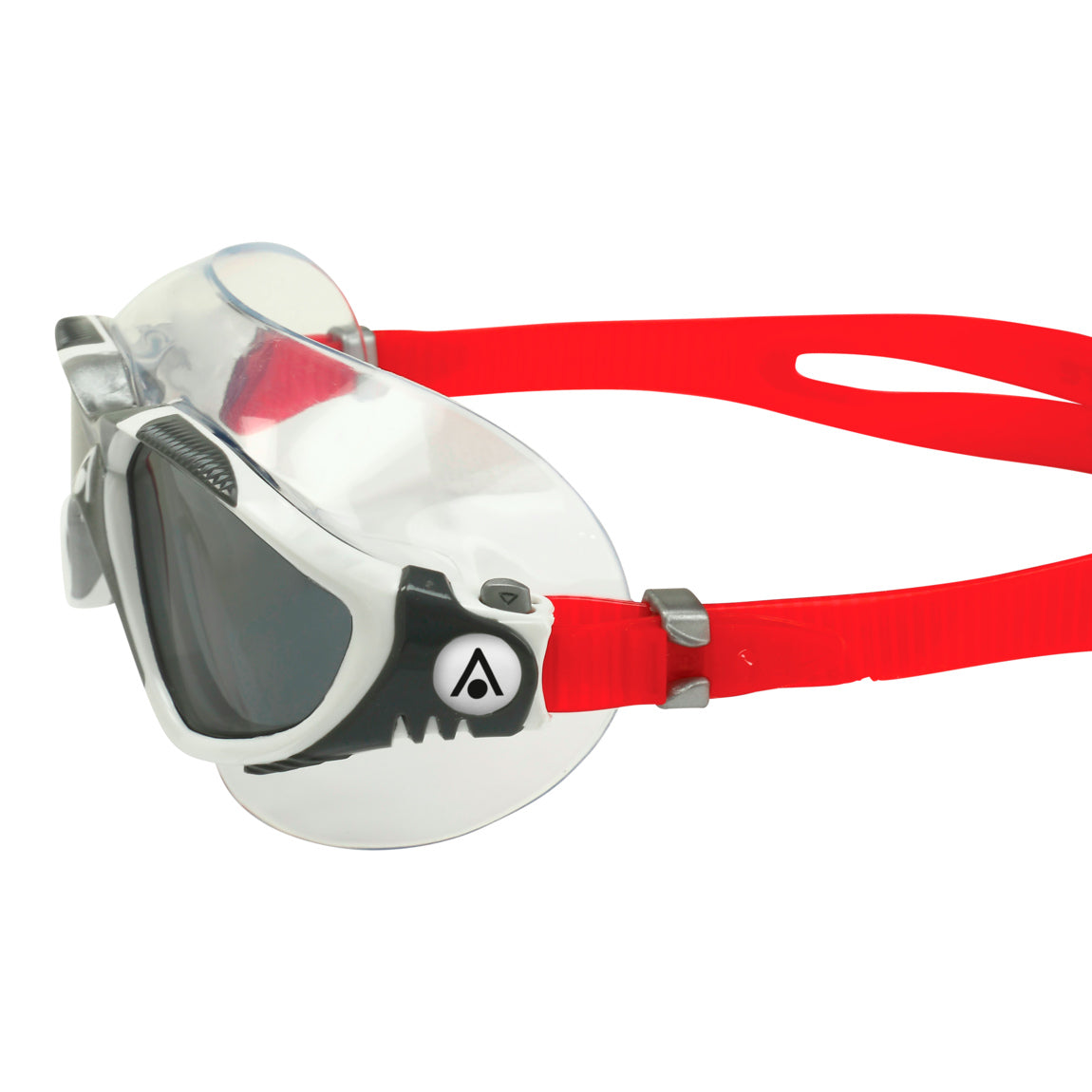 Aquasphere Vista swim mask with smoke lens and red frame, side detail view