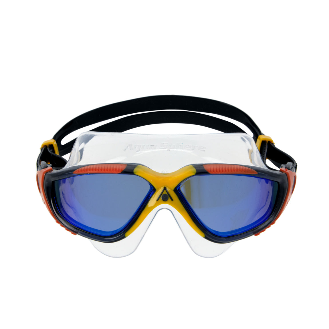 Aquasphere Vista swim mask with indigo mirrored lens and grey and orange frame, front view