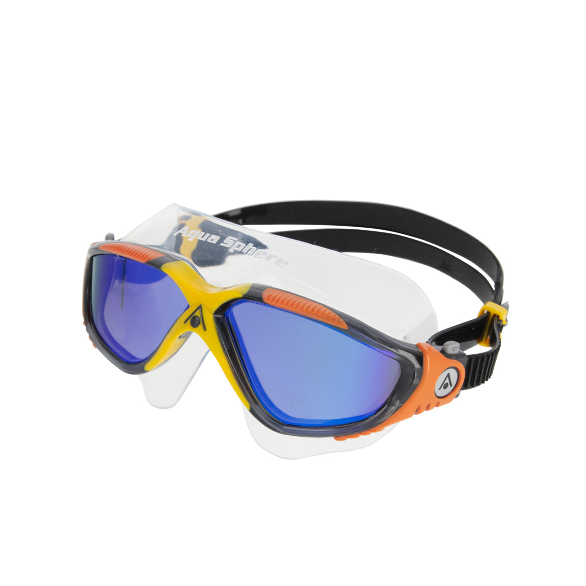 Aquasphere Vista swim mask with indigo mirrored lens and grey and orange frame, second angled view