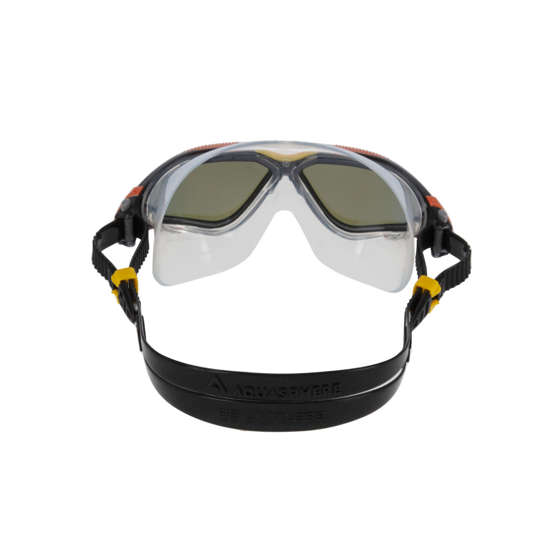 Aquasphere Vista swim mask with indigo mirrored lens and grey and orange frame, view from behind showing the strap