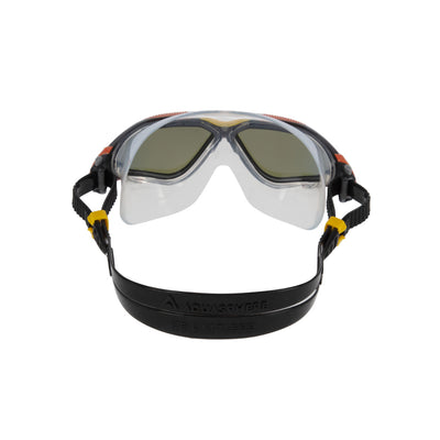 Aquasphere Vista swim mask with indigo mirrored lens and grey and orange frame, view from behind showing the strap