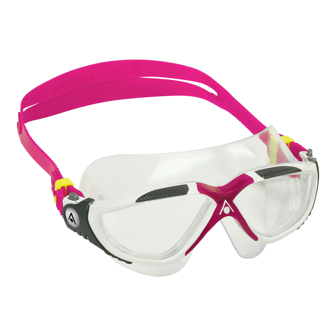 Aquasphere Vista swim mask with clear lens and raspberry frame, front view