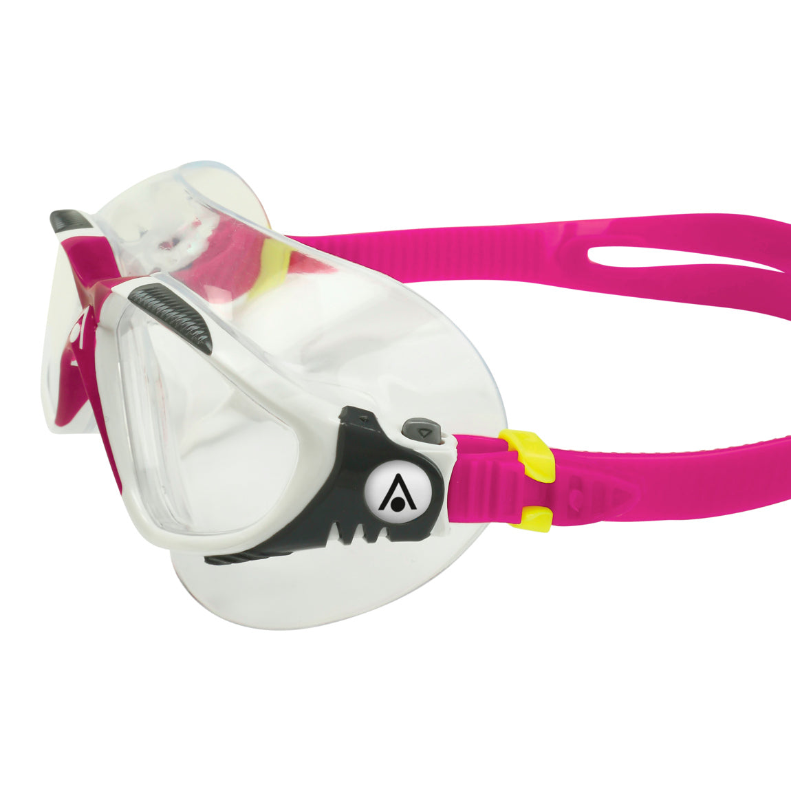 Aquasphere Vista swim mask with clear lens and raspberry frame, side detail view