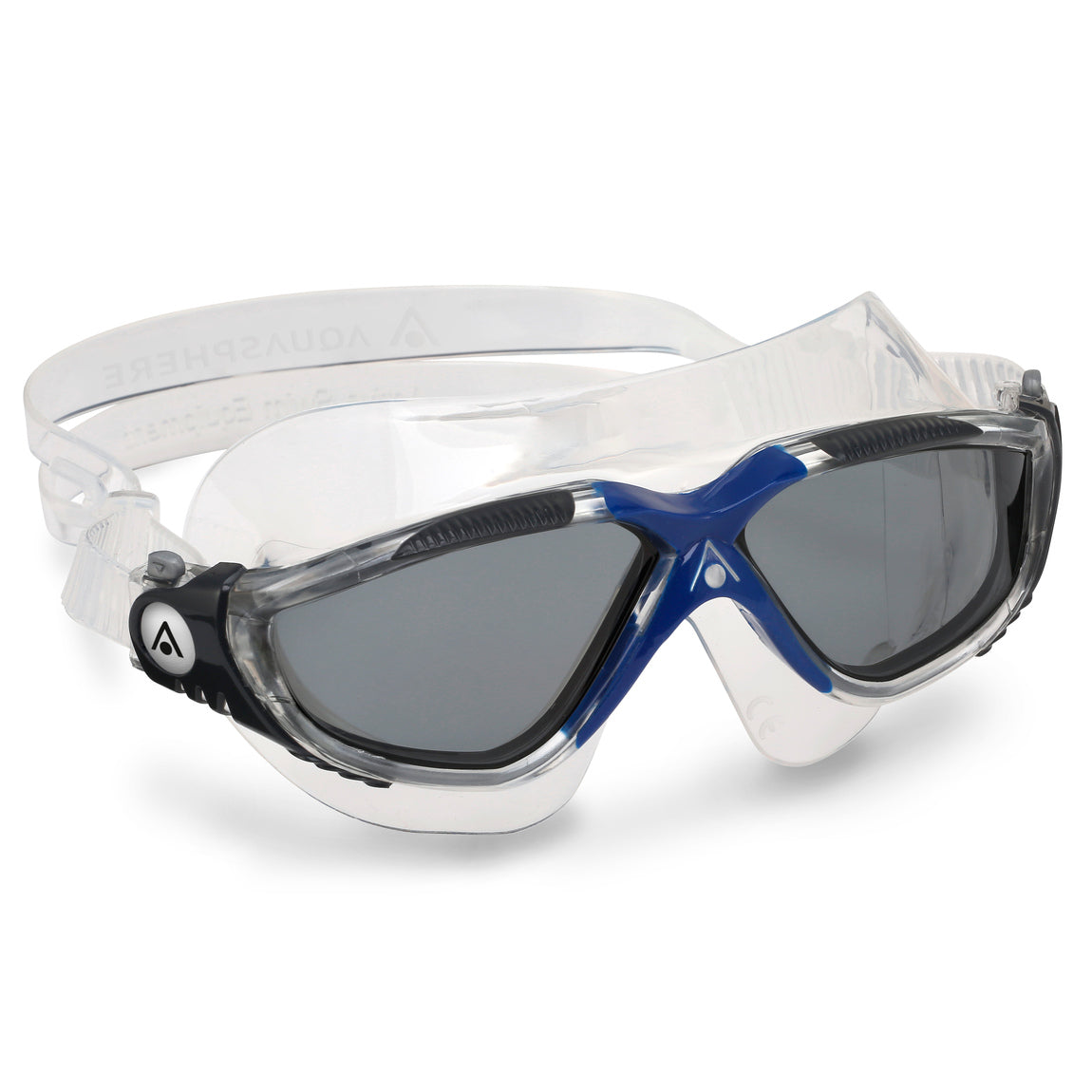 Aquasphere Vista swim mask with smoke lens and blue and grey frame, angled view