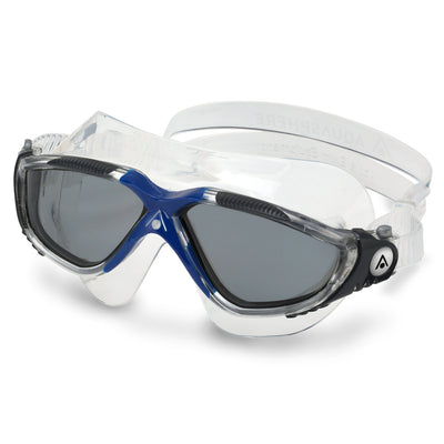 Aquasphere Vista swim mask with smoke lens and blue and grey frame, second angled view