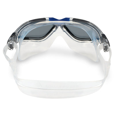 Aquasphere Vista swim mask with smoke lens and blue and grey frame, view from behind showing the strap