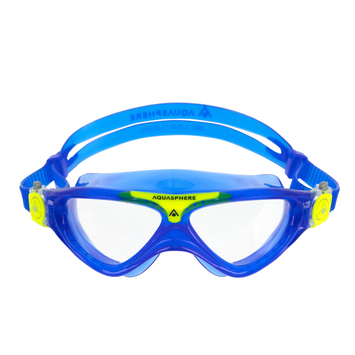 Aquasphere Vista Junior swim mask with clear lens and blue and yellow frame, front view