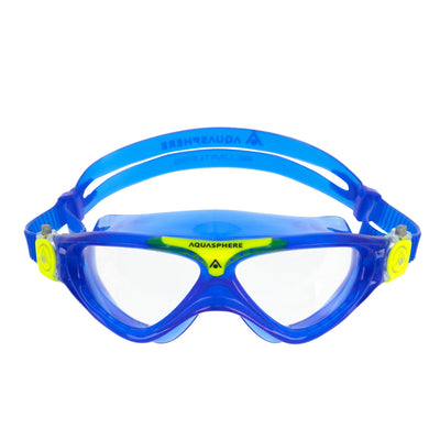 Aquasphere Vista Junior swim mask with clear lens and blue and yellow frame, front view
