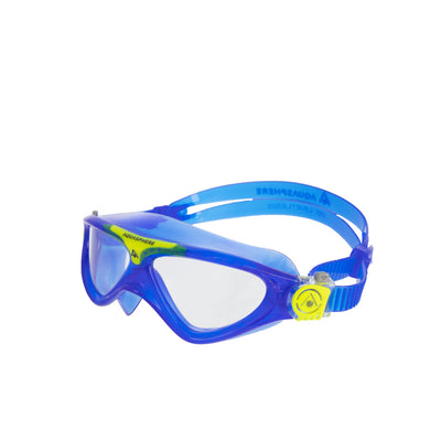 Aquasphere Vista Junior swim mask with clear lens and blue and yellow frame, second angled view