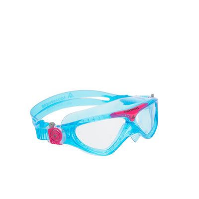 Aquasphere Vista Junior swim mask with clear lens and pink and turquoise frame, angled view