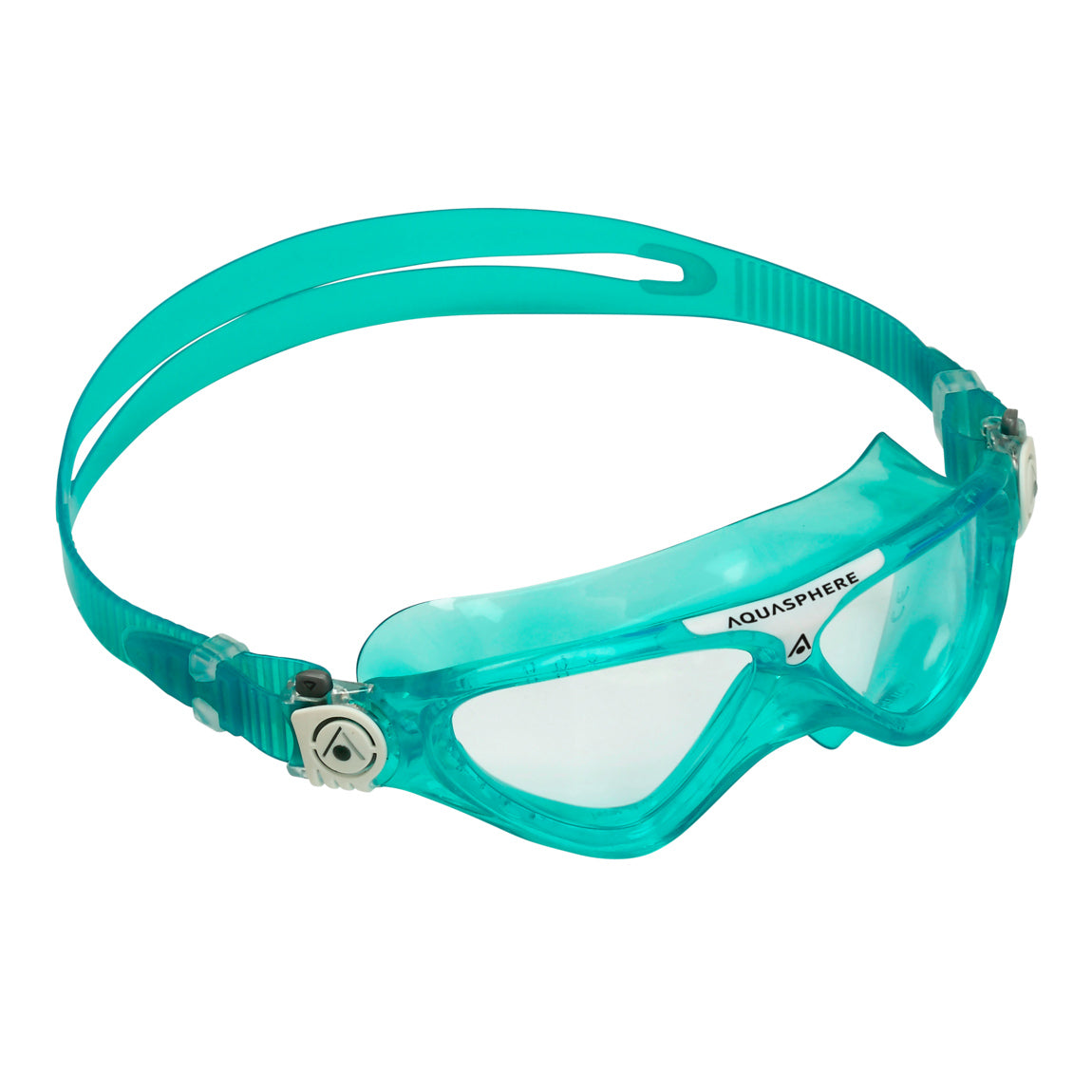 Aquasphere Vista Junior swim mask with clear lens and turquoise and white frame, angled view