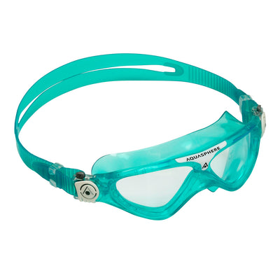 Aquasphere Vista Junior swim mask with clear lens and turquoise and white frame, angled view