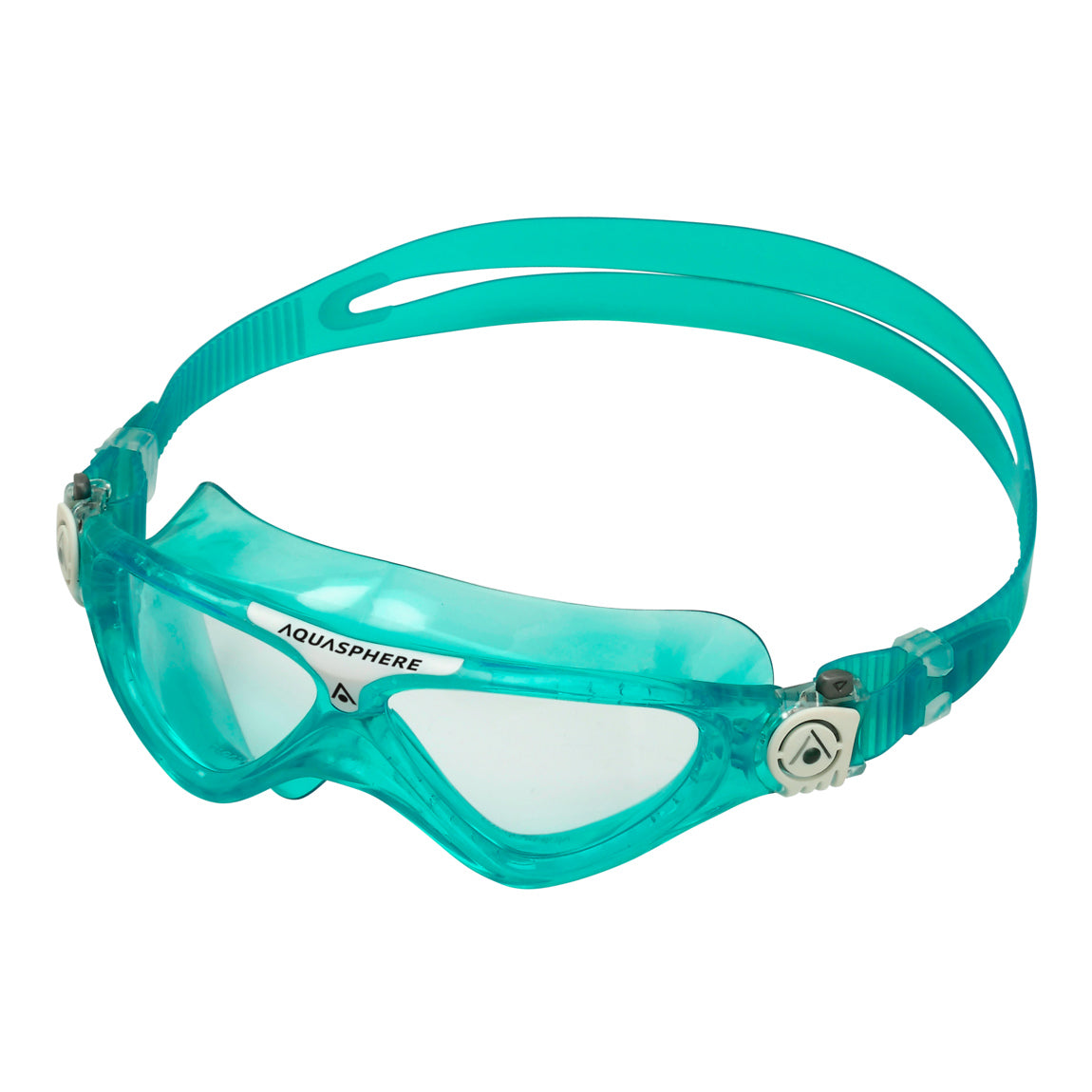 Aquasphere Vista Junior swim mask with clear lens and turquoise and white frame, second angled view