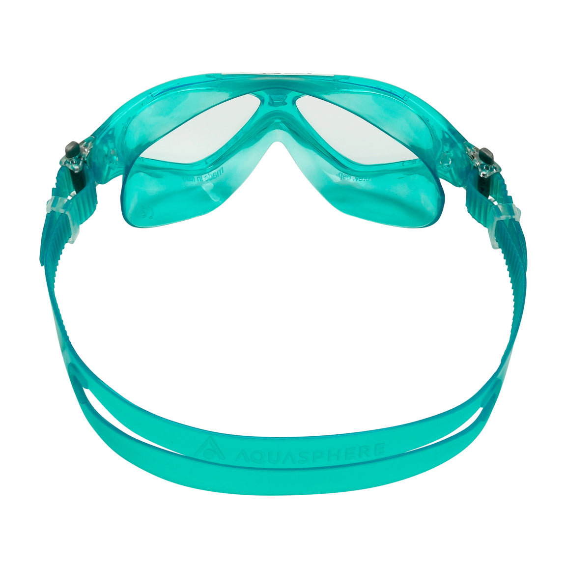 Aquasphere Vista Junior swim mask with clear lens and turquoise and white frame, view from behind showing the strap