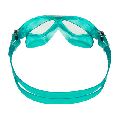 Aquasphere Vista Junior swim mask with clear lens and turquoise and white frame, view from behind showing the strap