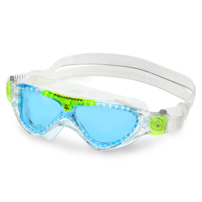Aquasphere Vista Junior swim mask with blue tinted lens and clear and lime frame, second angled view