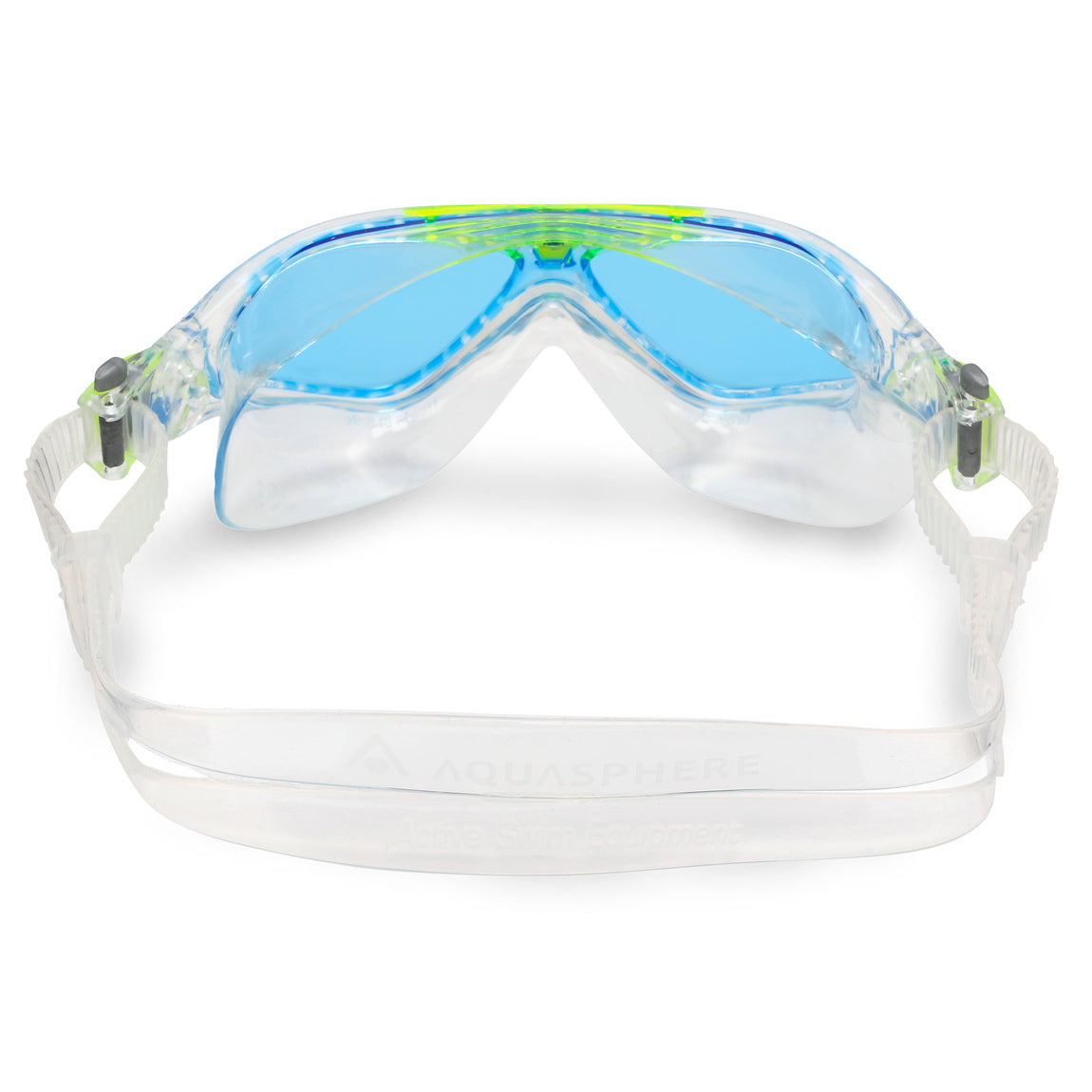 Aquasphere Vista Junior swim mask with blue tinted lens and clear and lime frame, view from behind showing the strap