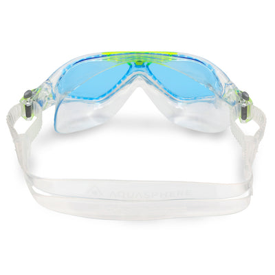 Aquasphere Vista Junior swim mask with blue tinted lens and clear and lime frame, view from behind showing the strap