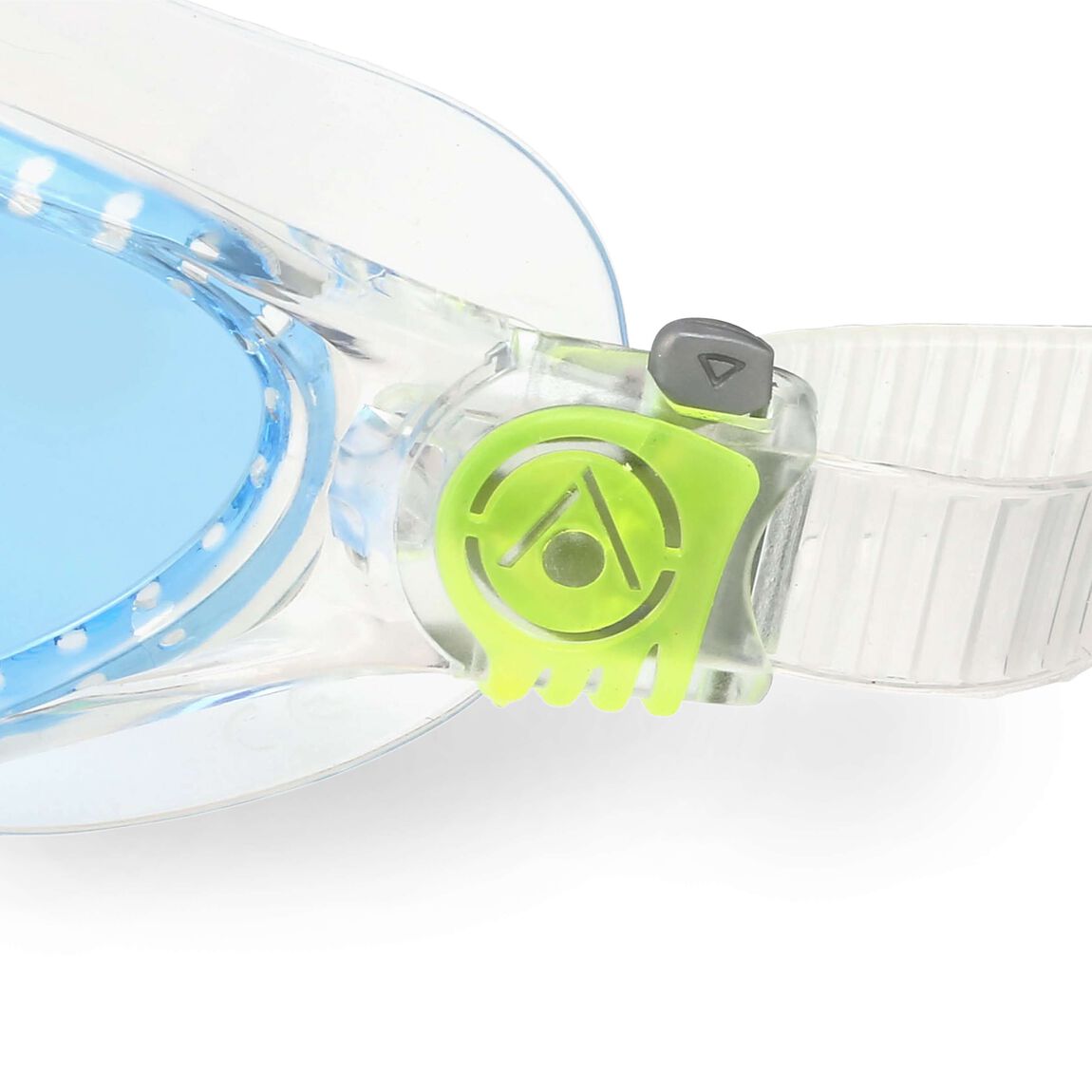 Aquasphere Vista Junior swim mask with blue tinted lens and clear and lime frame, side detail view