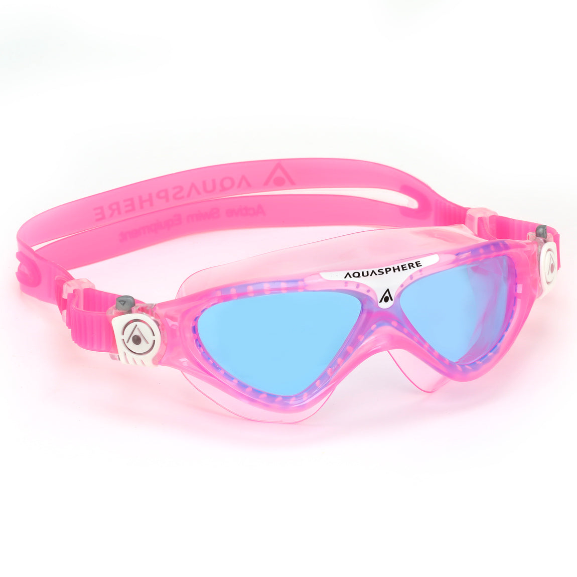 Aquasphere Vista Junior swim mask with blue tinted lens and pink frame, angled view