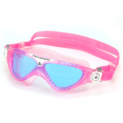 Aquasphere Vista Junior swim mask with blue tinted lens and pink frame, second angled view