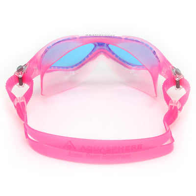 Aquasphere Vista Junior swim mask with blue tinted lens and pink frame, view from behind showing the strap