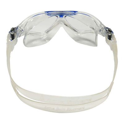 Aquasphere Vista Junior swim mask with clear lens and blue frame, view from behind showing the strap