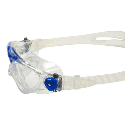 Aquasphere Vista Junior swim mask with clear lens and blue frame, side detail view