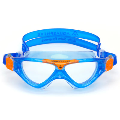 Aquasphere Vista Junior swim mask with clear lens and blue and orange frame, front view
