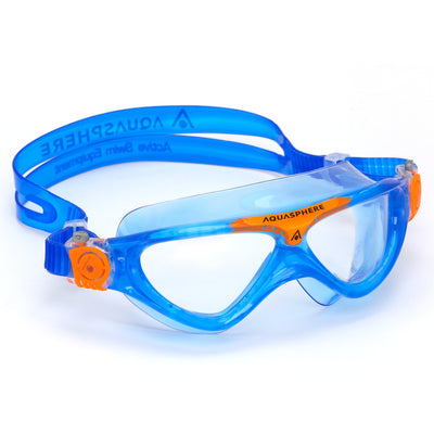 Aquasphere Vista Junior swim mask with clear lens and blue and orange frame, angled view