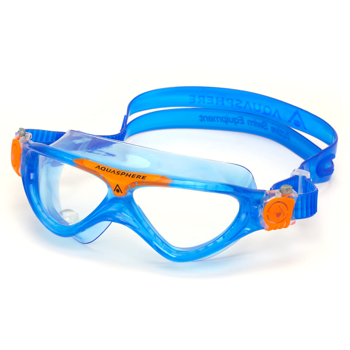 Aquasphere Vista Junior swim mask with clear lens and blue and orange frame, second angled view