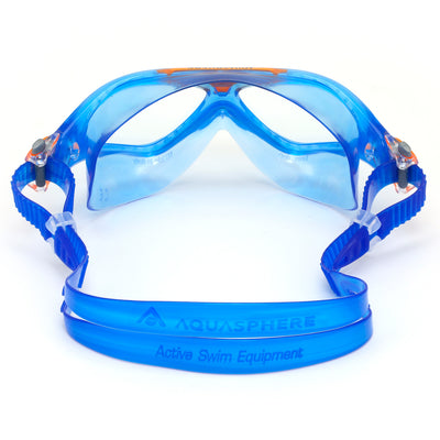 Aquasphere Vista Junior swim mask with clear lens and blue and orange frame, view from behind showing the strap