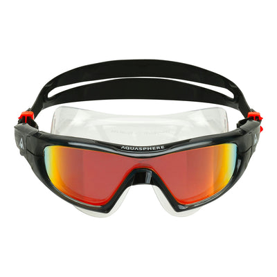 Aquasphere Vista Pro swim mask with orange mirrored lens and black frame, front view