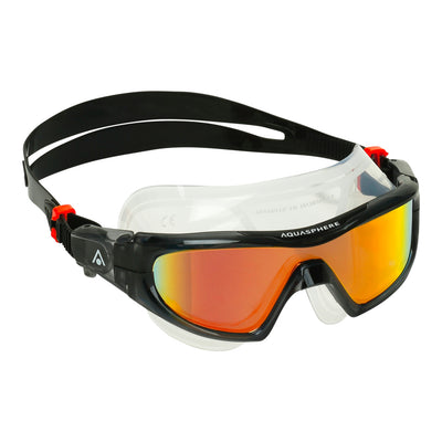 Aquasphere Vista Pro swim mask with orange mirrored lens and black frame, angled view
