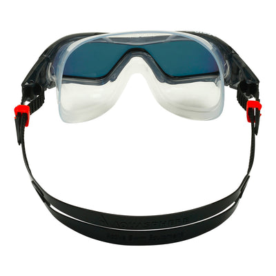 Aquasphere Vista Pro swim mask with orange mirrored lens and black frame, view from behind showing the strap