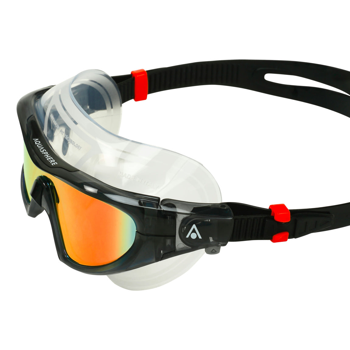 Aquasphere Vista Pro swim mask with orange mirrored lens and black frame, side detail view