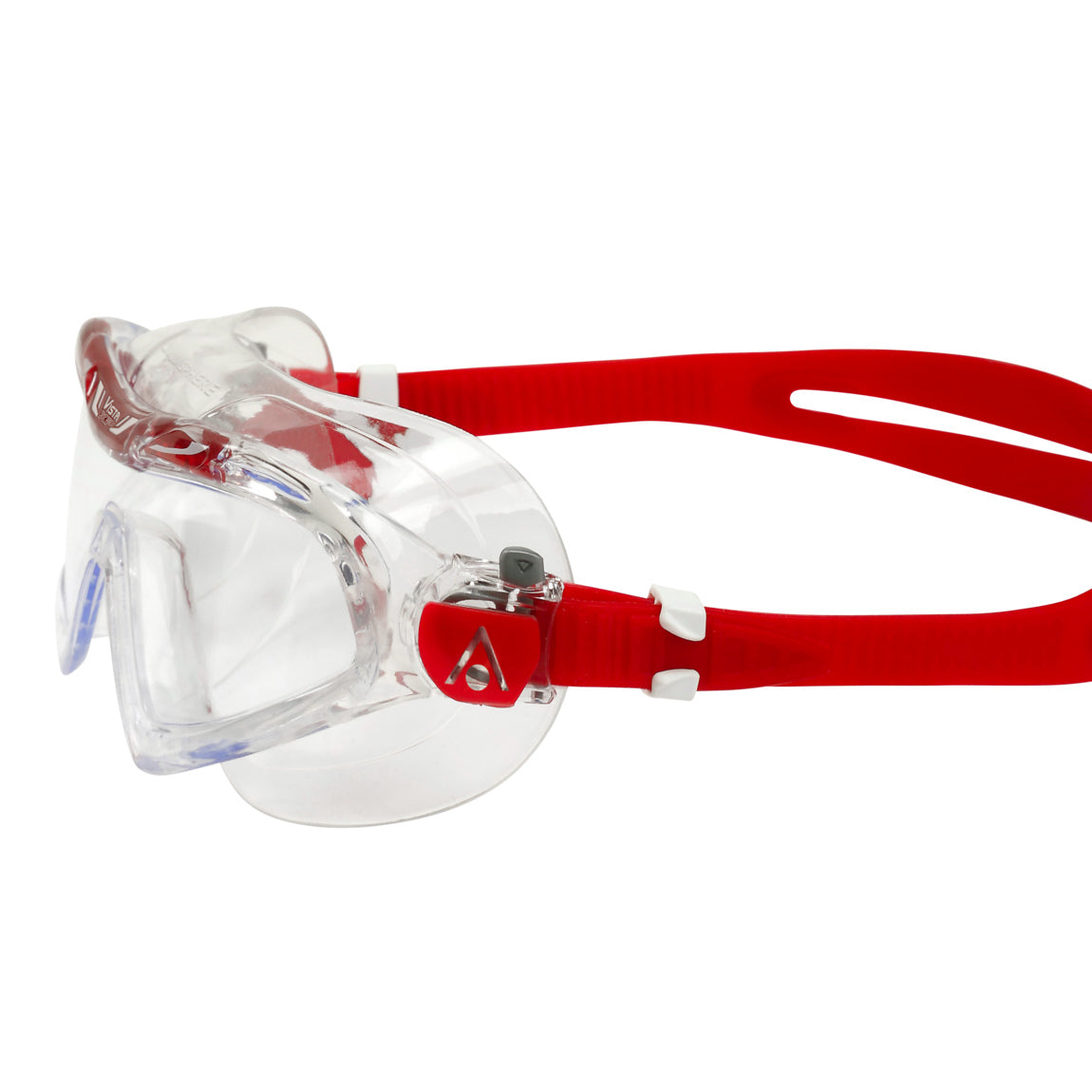 Aquasphere Vista XP swim mask with clear lens and red frame, side detail view