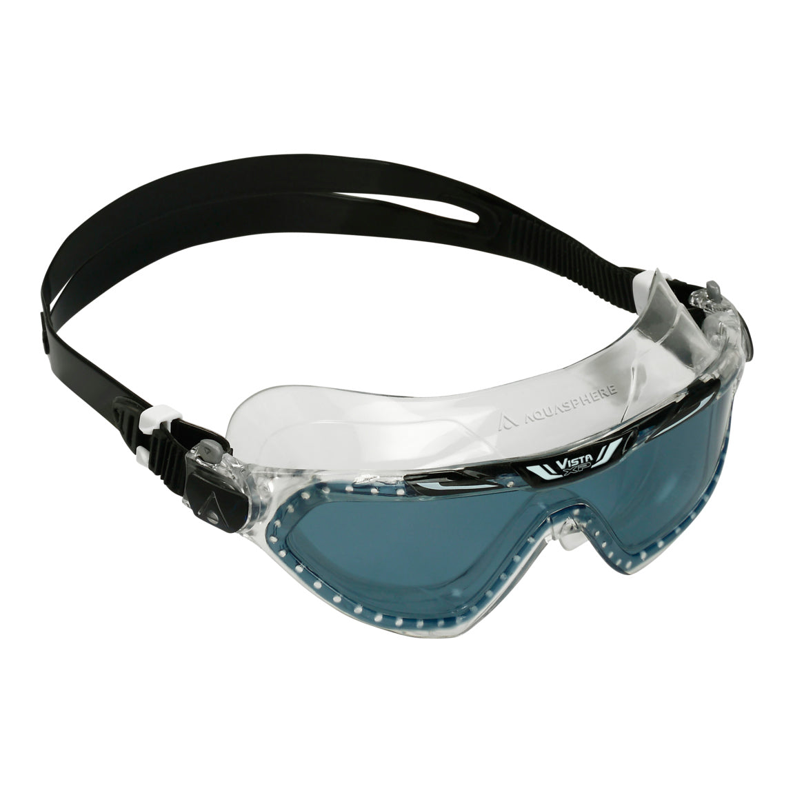 Aquasphere Vista XP swim mask with smoke lens and black frame, angled view
