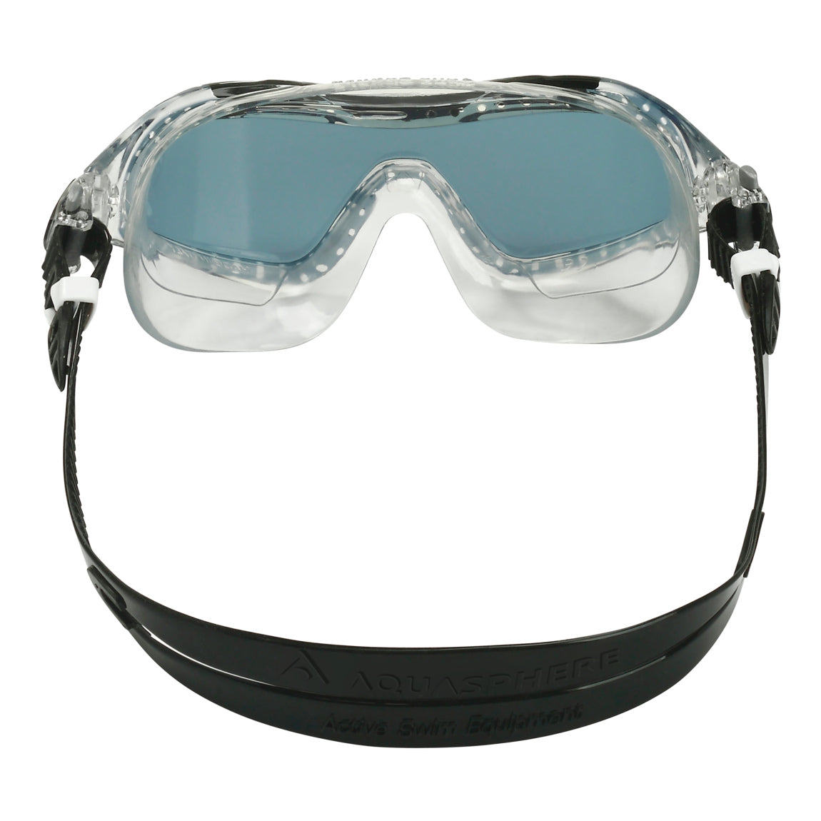 Aquasphere Vista XP swim mask with smoke lens and black frame, view from behind showing the strap