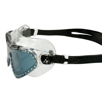 Aquasphere Vista XP swim mask with smoke lens and black frame, side detail view